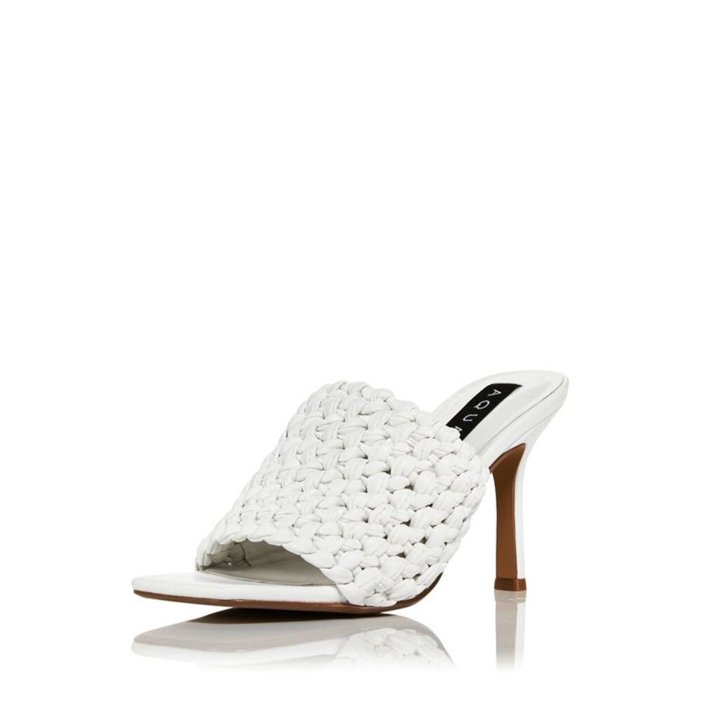 AQUA Womens White Padded Woven Katy Square Toe Stiletto Slip On Heeled Sandal 7